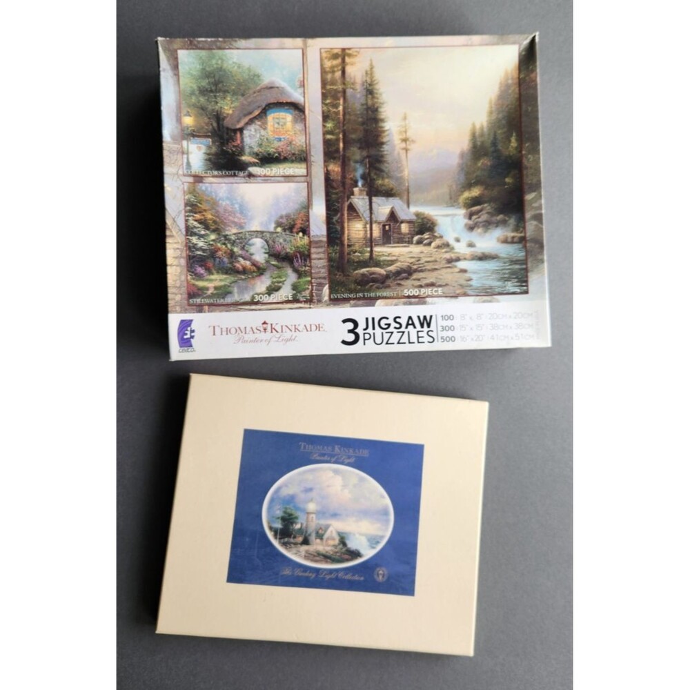 Deluxe Set Thomas Kinkade Painter of Light 3 Jigsaw Puzzles 100/550/700 Pieces